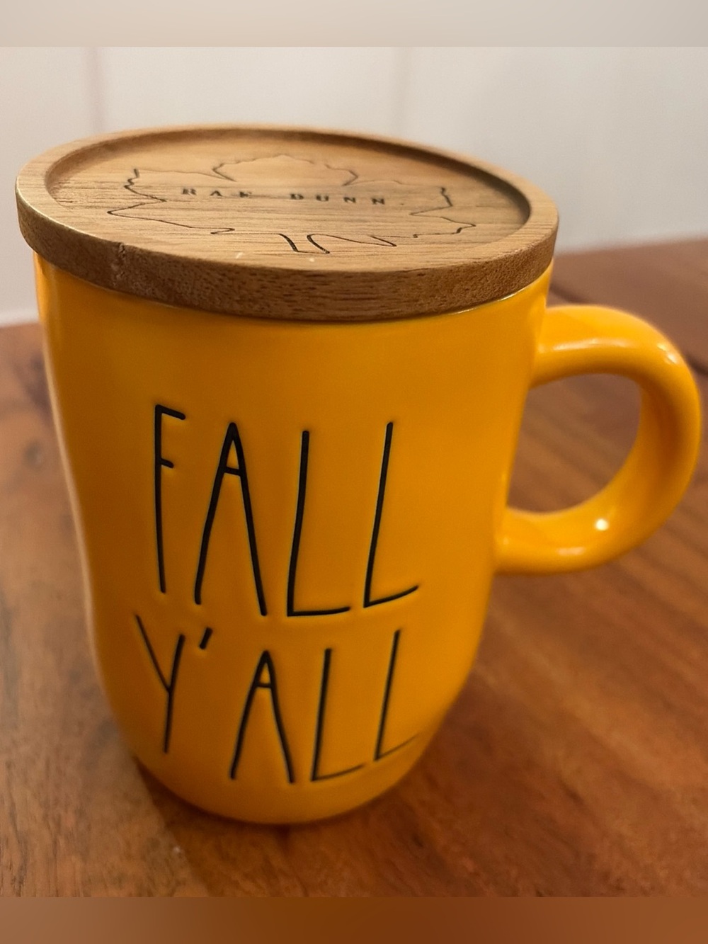 Rae Dunn "FALL Y'ALL" Yellow Ceramic Mug Wooden Leaf Lid/Coaster Farmhouse Chic